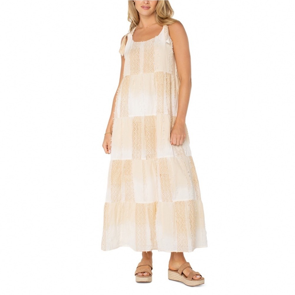 Liverpool Los Angeles Tie Strap Tiered Maxi Dress Brown Cream Chevron SMALL
